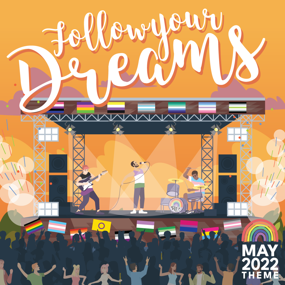 A summer outdoor concert featuring three people on a stage surrounded by various pride flags. A crowd is in front of the stage. Written over this is “May 2022 theme: Follow Your Dreams