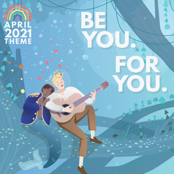 April 2021 theme image, which is blue with a merman and bard singing.
