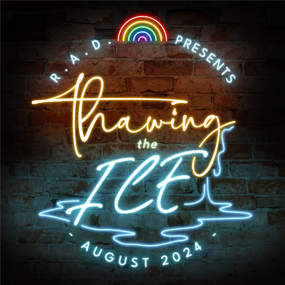 A neon sign on a dark brick wall that looks like it's melting. The sign says “Thawing the Ice” in orange and blue.