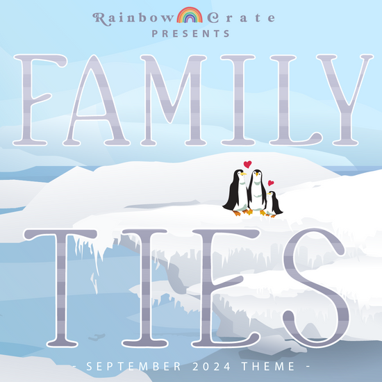 A graphic of an icy tundra, a family of three penguins stand in the middle. Red hearts are in between the penguins. Above them it reads “Family” while below them it reads “Ties” in a striped gray font. At the top is 