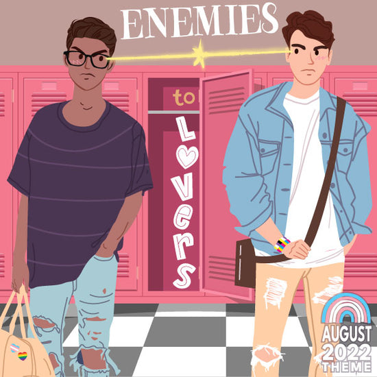 Two male-presenting characters stand in front of school lockers, their eyes side--meeting and sparking. One is white, and the other is Black. The words “Enemies to Lovers” are resting on an open locker.