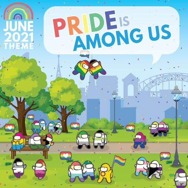 Our June 2021: Pride is Among Us theme image, which features queer versions of what looks similar to Among Us characters frolicking in a park.