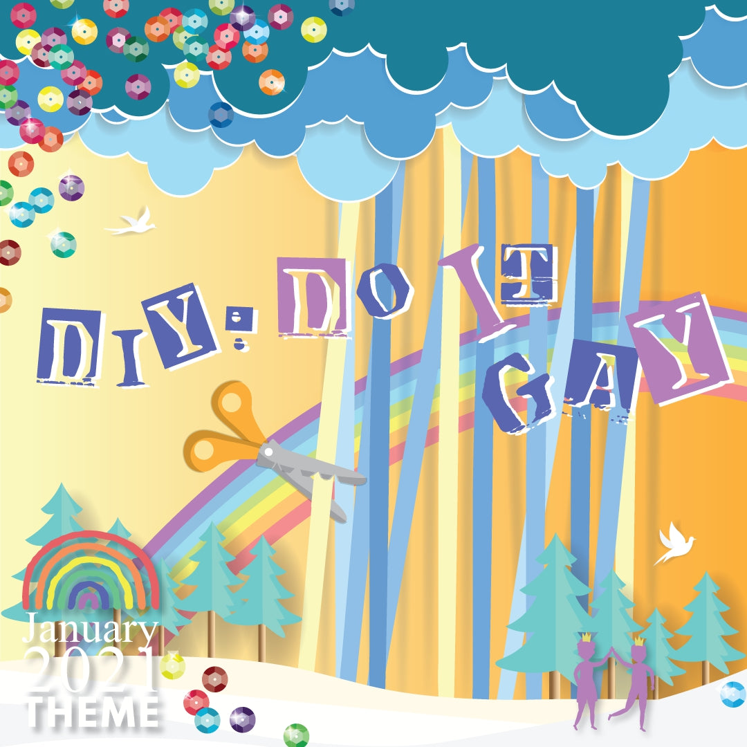 January 2021: DIY: Do It gaY! theme image, which features a paper-cut of a forest scene with a rainstorm overhead.