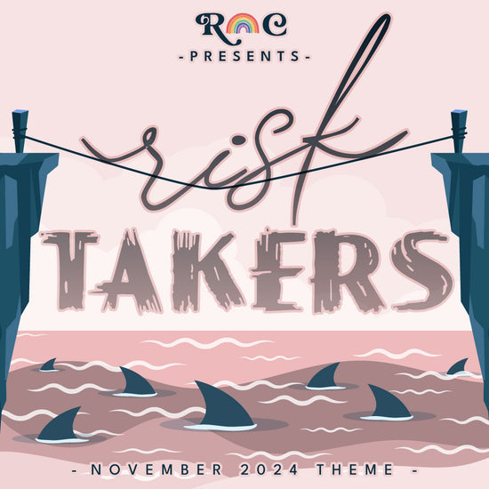 A graphic of a pink sky and showing the word “risk” walking a tightrope above shark-infested waters. Below that is “takers” in grungy block letters. At the top is 