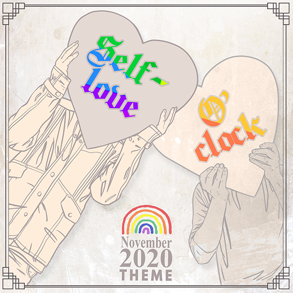 Our November 2020: Self Love O'Clock theme image, which is tan and features two people holding hearts in front of their heads.