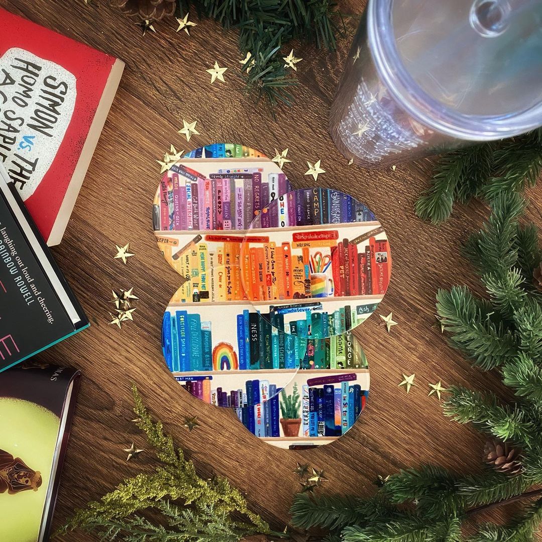 Our rainbow bookshelf coasters as described above.