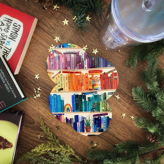 Our rainbow bookshelf coasters as described above.