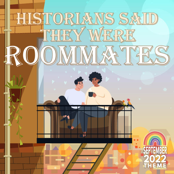 The exterior of an apartment building, with a couch on a fire escape. There are two boys on the couch looking lovingly at each other, one Black and one white. One is holding a coffee and there is a vague city scene below them.