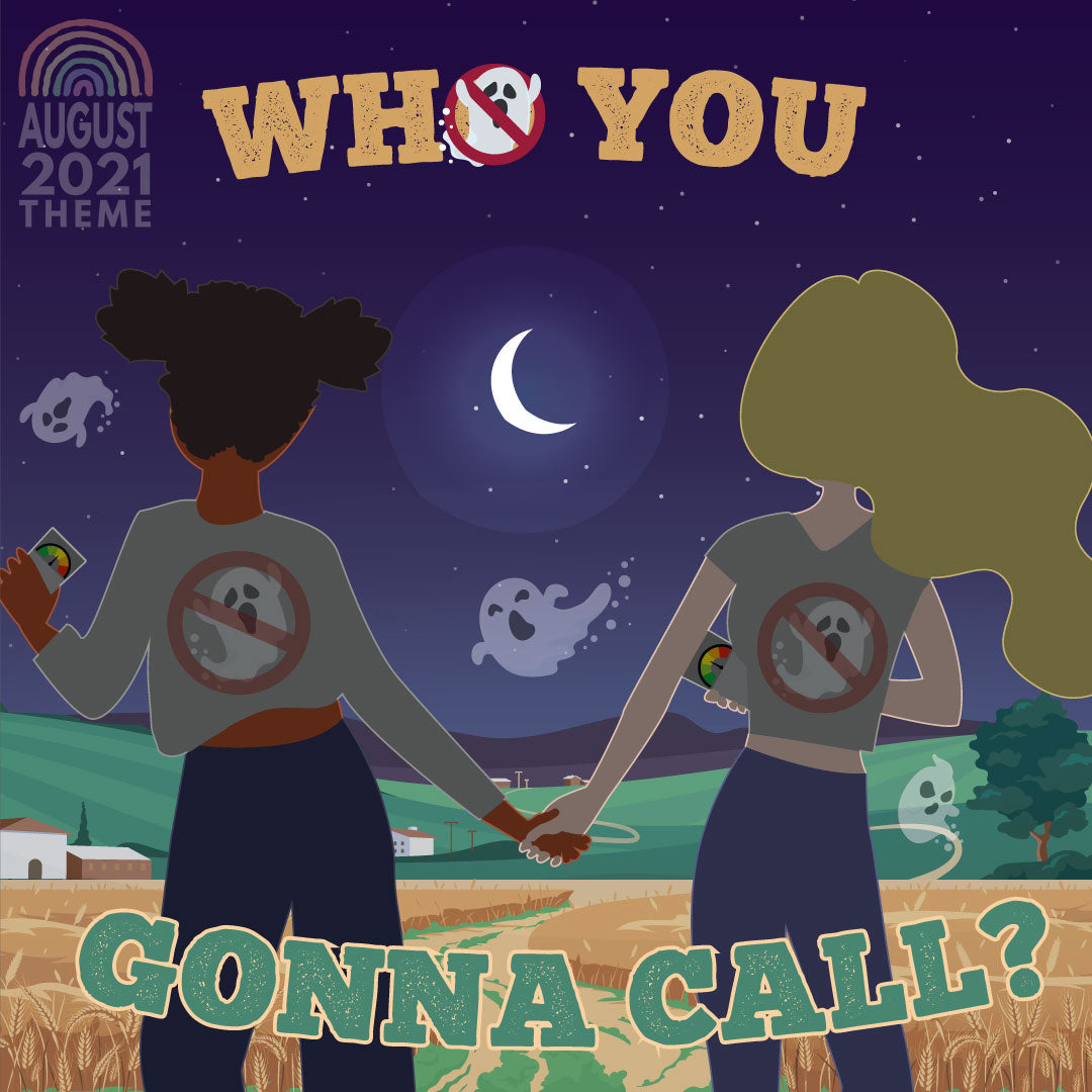 August 2021: Who You Gonna Call? theme image, which features two girls holding hands in a haunted field.