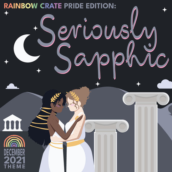 December 2021: Seriously Sapphic theme image, featuring a  night scene in Greece with two sapphic girls in front embracing.