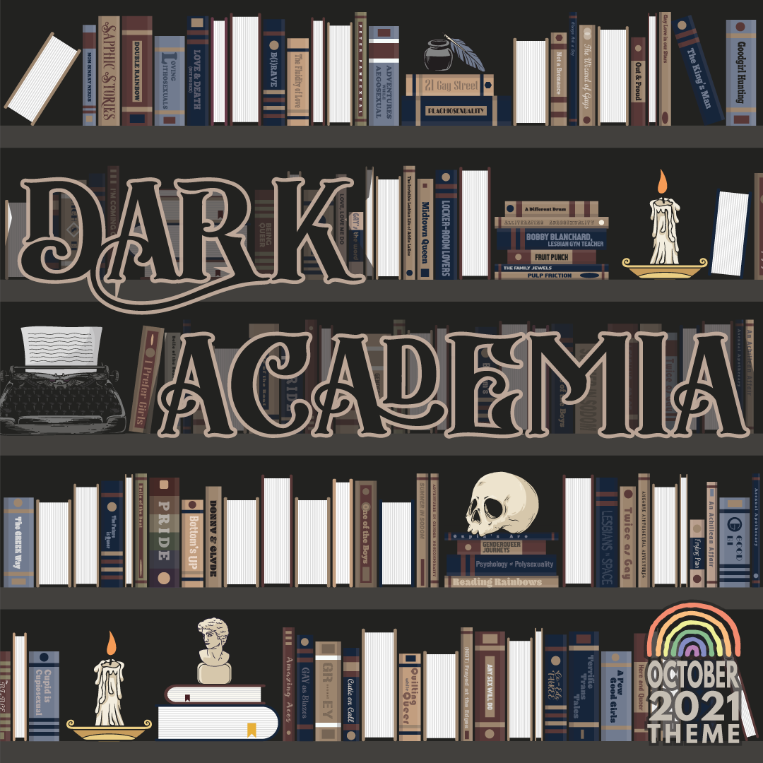 October 2021: Dark Academia theme image, which features a bookshelf with dark elements on it.