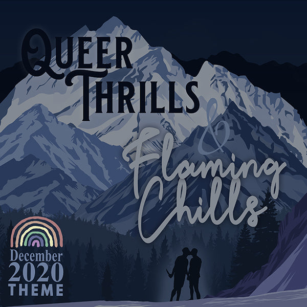 Our December 2020 theme image, which features a night scene in the mountains. Two men are leaning close and kissing, but one holds a knife behind his back.