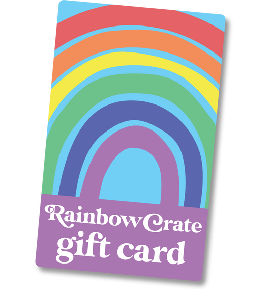 A gift card with a rainbow on it and the words "rainbow crate gift card"